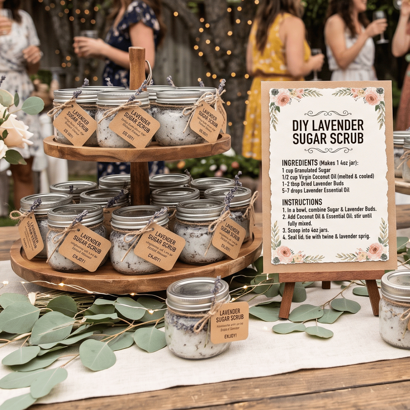 DIY Lavender Sugar Scrub Favors styled as finished eco-friendly favors
